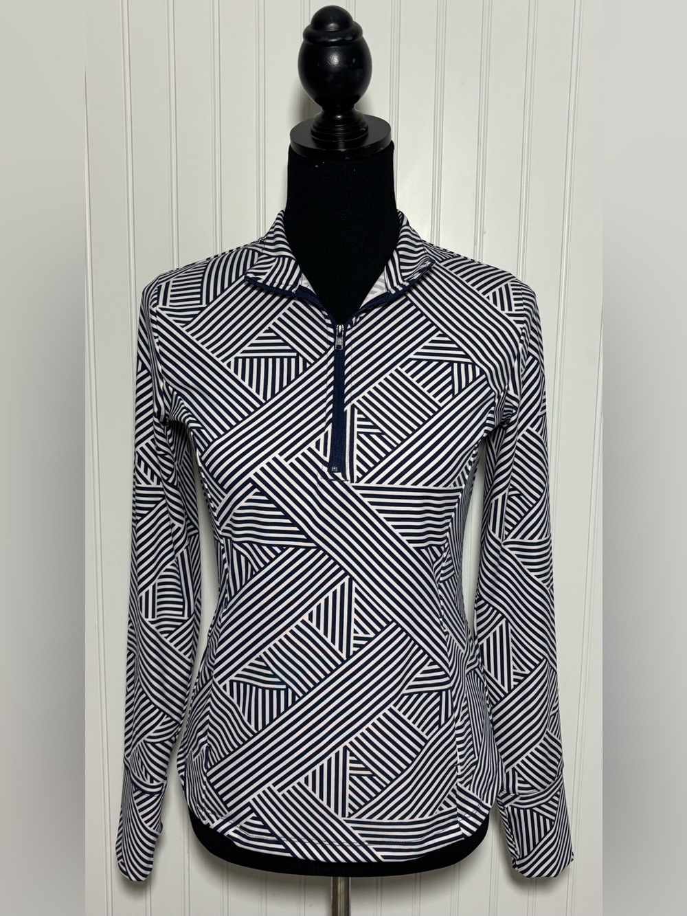 Tommy Bahama Blue White Diced Geo Long Sleeve Mock Golf Size Medium Preppy Gym